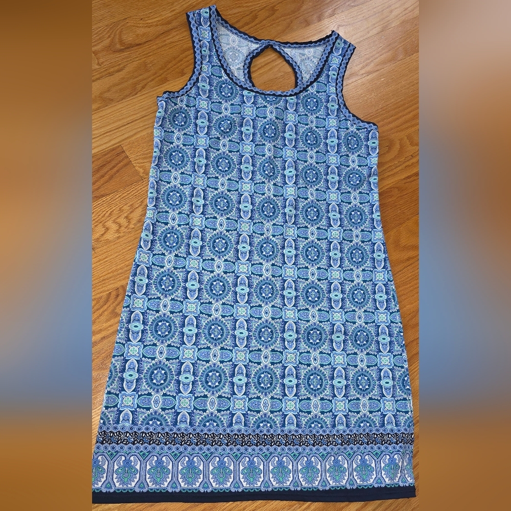 Max Studio Blue Knit Print Keyhole Back Stretch Sleeveless Dress Medium